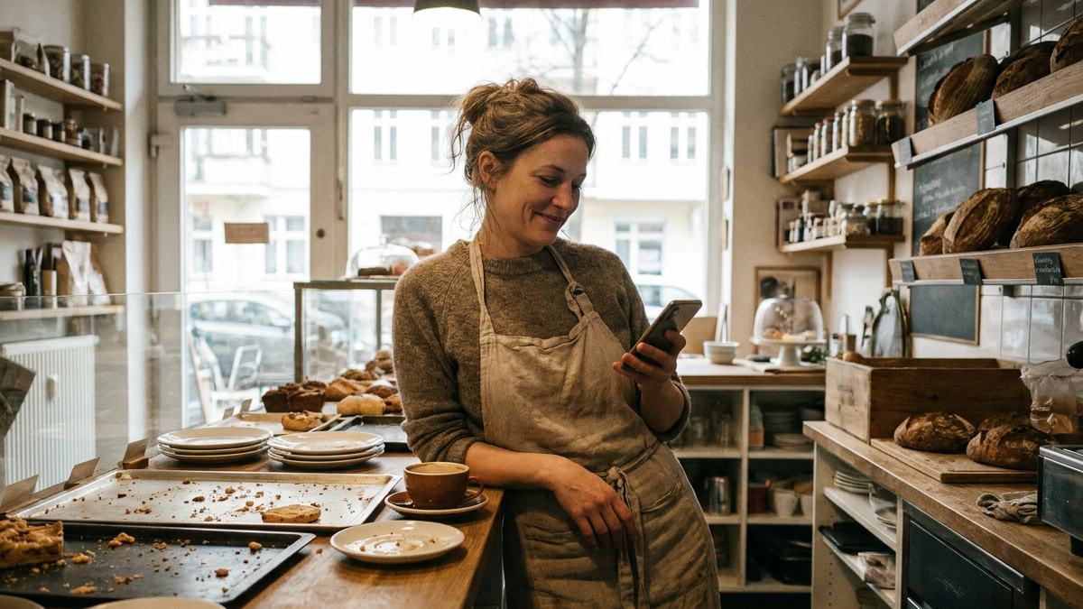 A café owner leaning on her counter, typing on her phone