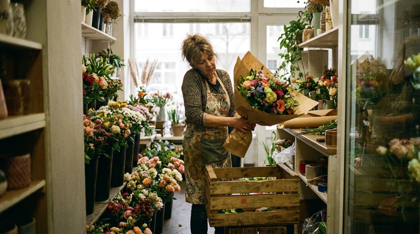 A florist on the phone while wrapping a bouquet