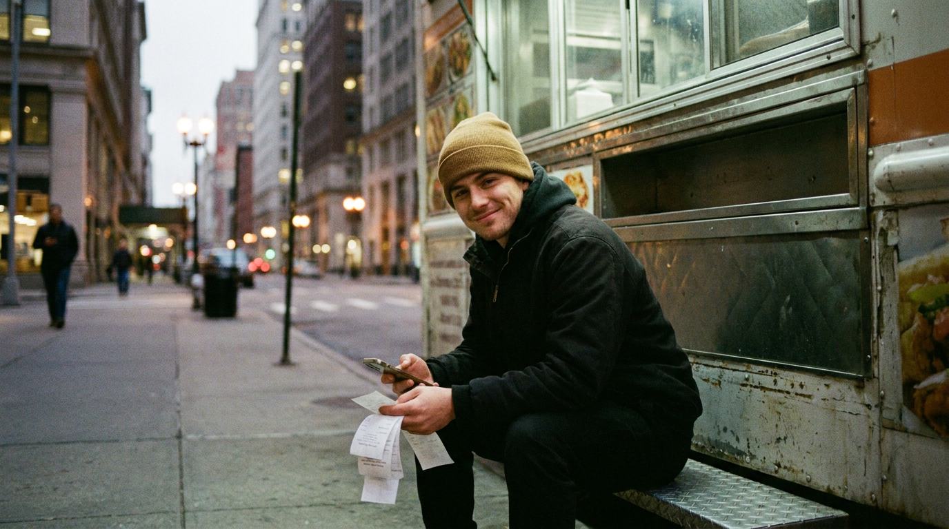 A food truck owner counting receipts after the lunch rush