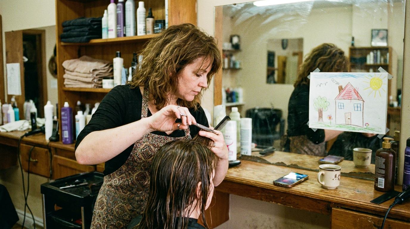 A hairdresser cutting a client's hair, her phone buzzing on the counter