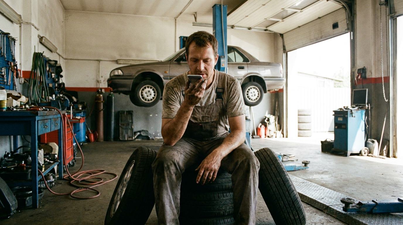 A mechanic sitting on a stack of tyres, recording a voice message