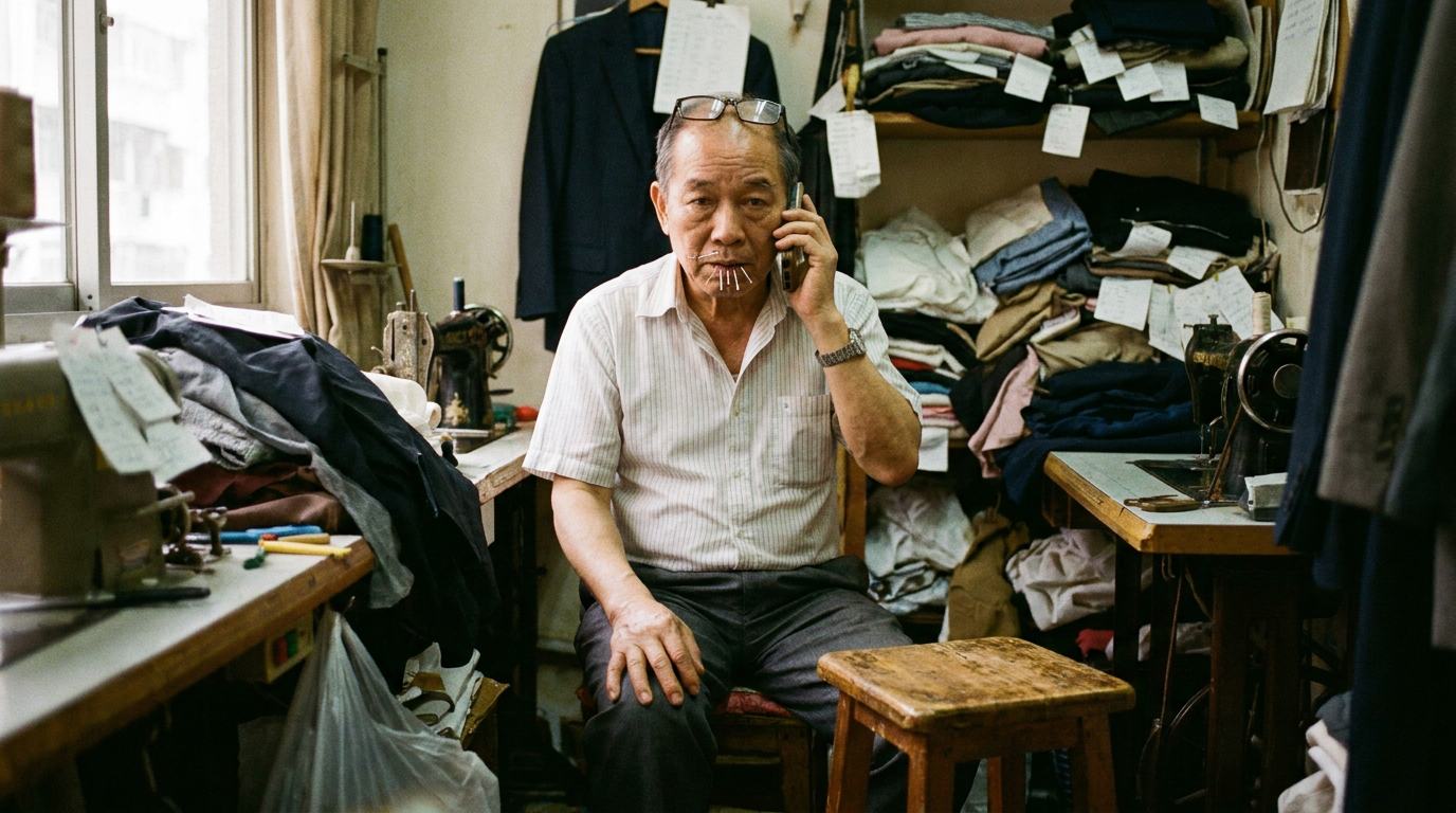 A tailor on the phone among piles of garments